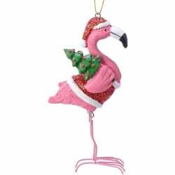 Kerstboomhanger/kersthanger roze flamingo 13 cm in rode outfit